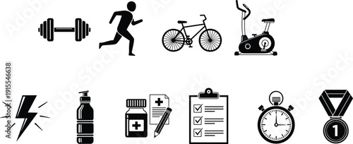 Fitness and sport icons set with dumbbell, running man, bicycle, exercise bike, stopwatch and medal solid black vector illustration for gym training design