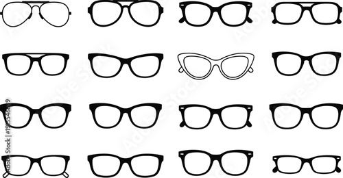 Eyeglasses Icon Set Collection, Black Optical Frames and Sunglasses Silhouettes, Fashion Eyewear Vector Illustrations for Vision Care, Optometry, Accessory Design, and Retail Branding