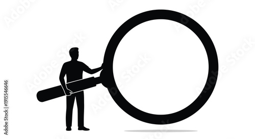 Silhouette of person holding large magnifying glass symbolizing research investigation discovery and detailed analysis