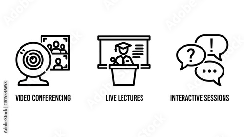 Online Education and Remote Work Icon Set Featuring Video Conferencing, Live Lectures, and Interactive Chat Sessions
