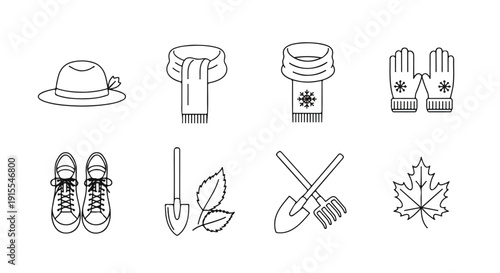 A collection of autumn-themed objects including clothing, footwear, and gardening tools Vector