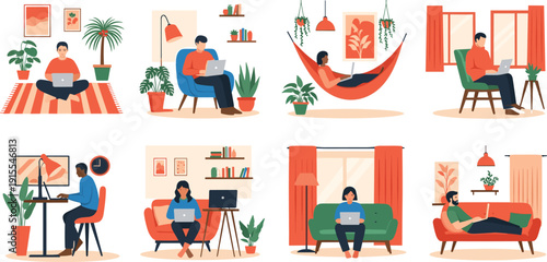 Work from home illustration set vector people using laptop in cozy interior isolated on white background