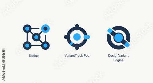Set of Modern Abstract Technology Icons for Network Nodes, Data Tracking and System Design Engine in Blue and Navy Colors