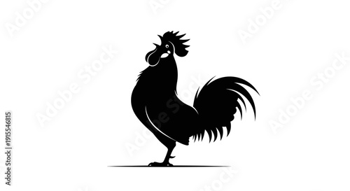 Silhouette of a proud rooster standing tall on a white background.