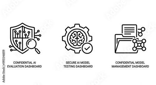Professional Black Outline Icons for Confidential AI Evaluation, Secure Model Testing and Data Management Dashboard Systems