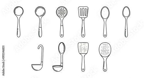 A variety of different kitchen utensils and tools in a line Vector