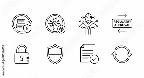 Icons representing various aspects of security, regulation, and approval processes Vector