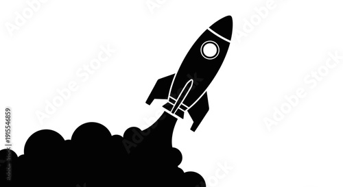 Silhouette of a rocket launching into space with smoke trails.