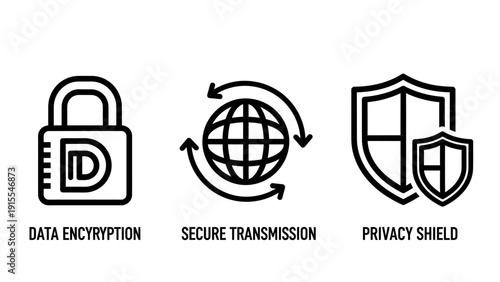 Essential Cybersecurity Outline Icons for Data Encryption, Secure Transmission and Privacy Shield Protection Systems