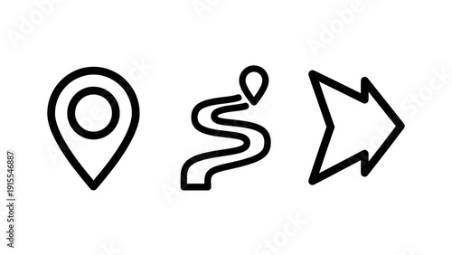 Minimalist navigation and route line icons featuring a map pin, a winding path with marker, and a directional arrow for travel and wayfinding apps
