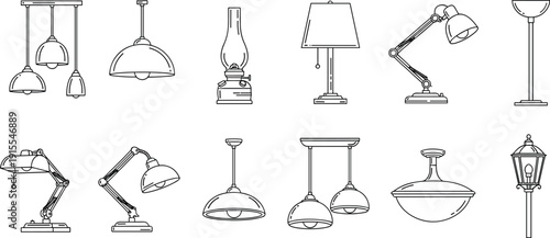 Lamp and Lighting Icon Set Collection, Line Art Table, Floor, Pendant and Desk Lamps Vector Illustrations for Interior Design, Home Decor, Furniture Store and Architecture