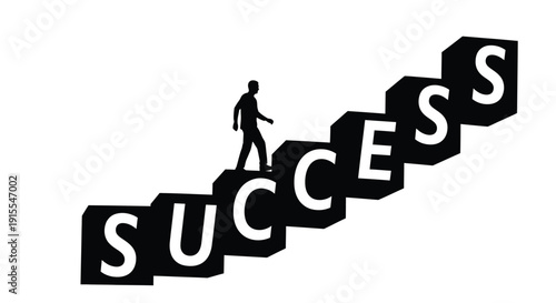 Silhouette of person walking up stairs formed by the word success achieving goals
