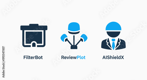 Collection of Artificial Intelligence Software Brand Logos Including FilterBot, ReviewPlot, and AIShieldX for Tech Services