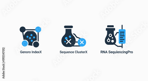 Biotechnology Research Icons Representing Genetic Indexing, Sequence Clustering, and Professional RNA Sequencing Analysis