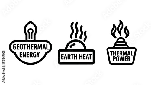 Renewable Energy Icon Set Highlighting Geothermal Power, Natural Earth Heat Sources, and Thermal Energy Production