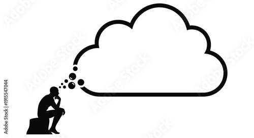 Silhouette of thoughtful person sitting with a large empty thought bubble above head