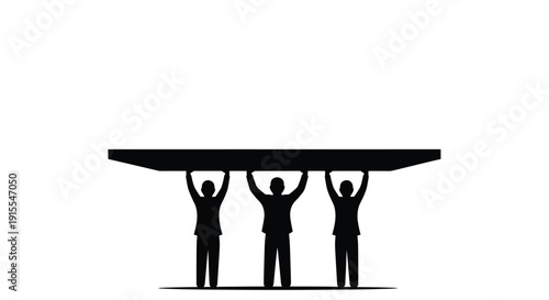 Three strong men in silhouette collectively holding up a large heavy plank