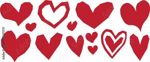 Red hand drawn heart set with playful romantic shapes and doodle style. Love symbols for Valentine cards, wedding designs, or social media graphics. Cute bold heart collection isolated.