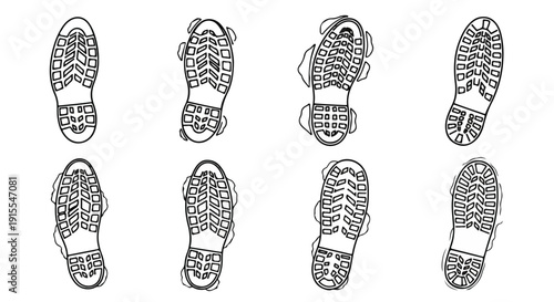 A collection of various shoe prints and their unique tread patterns. Vector