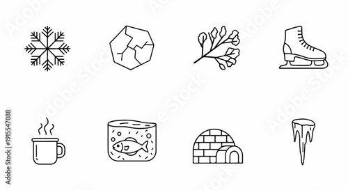 Winter activities and symbols illustrated in a simple line art style. Vector