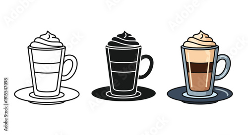 Three coffee cups foam latte vector illustration - Vector icon Set - Stickers and Clipart - PNG and SVG Icon collection - Lineal icons - logo template