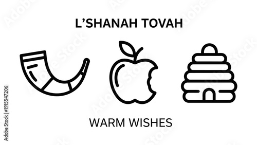 Rosh Hashanah Holiday Icons Featuring Shofar Horn, Bitten Apple, and Honey Beehive for L'Shanah Tovah Warm Wishes