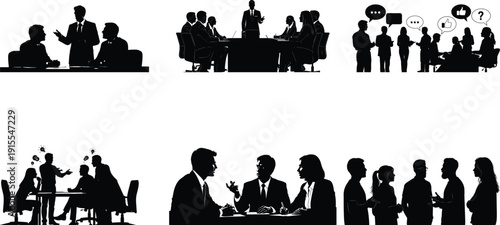 Silhouette of business professionals in various meeting and presentation settings showcasing teamwork and collaboration in a corporate environment silhouette