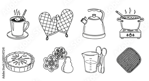 A delightful assortment of kitchen utensils and delicious food items Vector