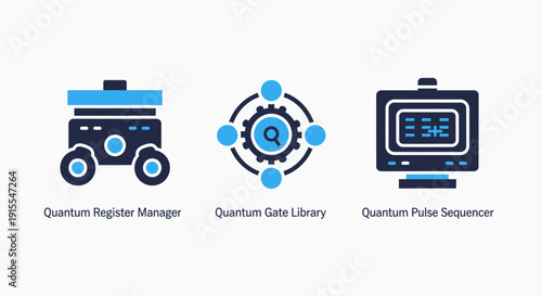 Quantum computing icon set featuring quantum register manager gate library and pulse sequencer for advanced technology and data science