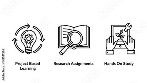 Linear educational icons set for project based learning research assignments and hands on study featuring light bulb book and planting concepts