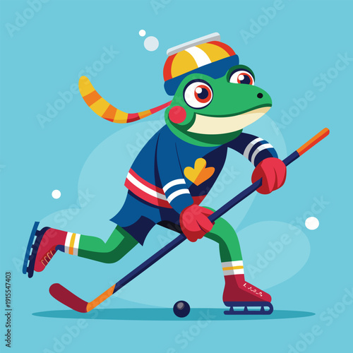 Cartoon hockey player riding a skateboard on the ice in winter