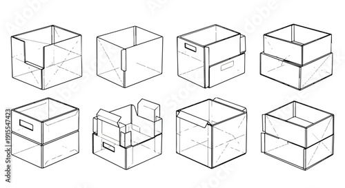 A collection of various box designs and structures drawn in monochrome Vector