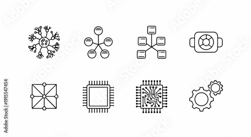 Diverse icons representing various technological and industrial concepts in a row Vector
