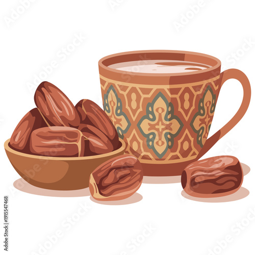 Bowl of dates and traditional arabic coffee cup with intricate patterns on white background for ramadan iftar or suhoor meal
