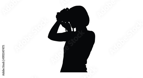 A black silhouette of a person holding binoculars to their eyes looking towards the distance with a focused expression silhouette