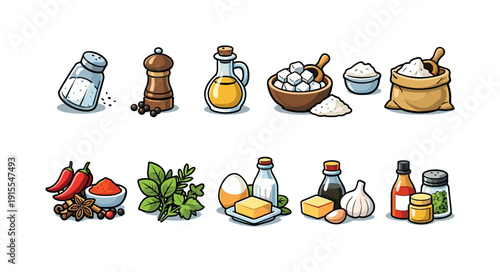 Cooking ingredients icon set. Culinary, spice, herb icons in full color, flat style