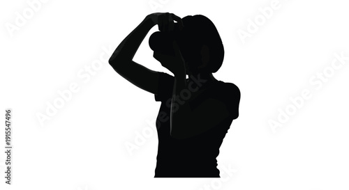 A black silhouette depicts a person holding binoculars and looking upwards seemingly observing something in the distance silhouette