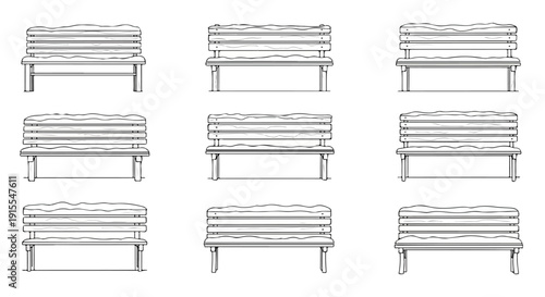 A collection of nine different types of benches, each with unique designs and features Vector