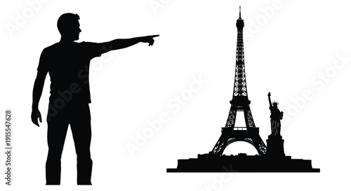 A black silhouette of a man pointing towards the iconic eiffel tower and statue of liberty against a stark white background