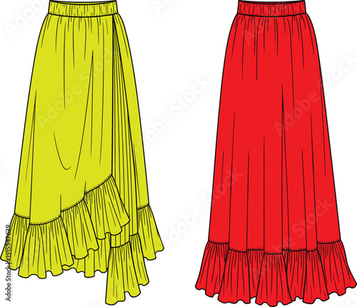 Long Stylish Maxi Skirt Vector Illustration Set Featuring Yellow Wrap Ruffle Design and Red A-line Pleated Skirt for Fashion Design Apparel