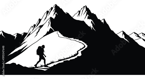 A solitary hiker walks along a winding path through a dramatic landscape of jagged mountain peaks rendered in a striking black and white