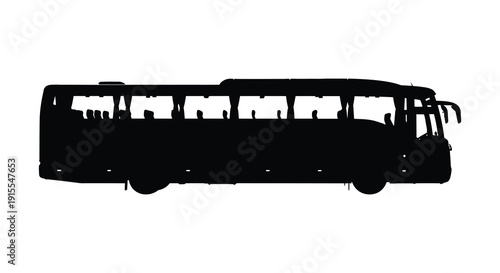 A black silhouette of a long passenger bus is presented against a stark white background showcasing its side profile and design