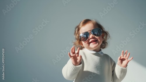 Joyful Toddler Girl Wearing Oversized Sunglasses, Waving Hands, Studio Portrait