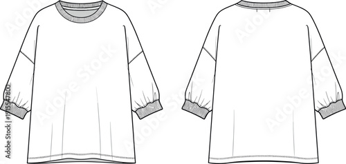 Oversized women's t-shirt fashion flat sketch with dropped shoulders, gathered cuffs, front and back technical vector drawing.