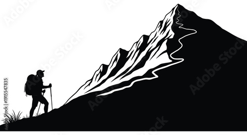 A lone hiker with a backpack ascends a steep jagged mountain range under a bright clear sky a striking silhouette