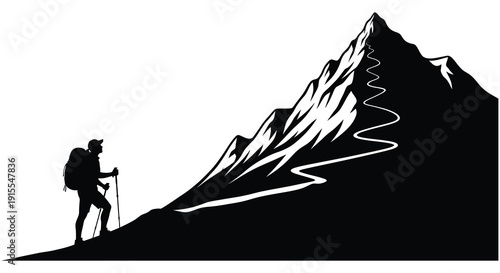 A black and white illustration depicts a lone hiker ascending a steep mountain path with a soaring bird overhead silhouette