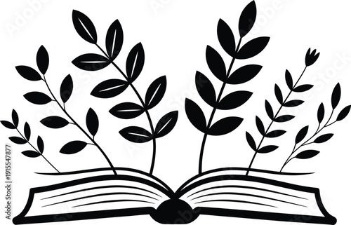 Black and white illustration of an open book with plants growing out of it