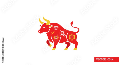 Chinese Zodiac Ox Symbol Red Festive Illustration with Gold Accents