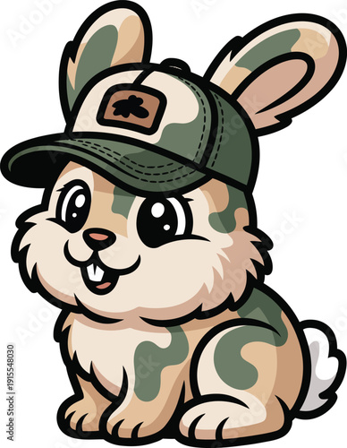 Cute cartoon bunny wearing a green camouflage baseball cap sitting