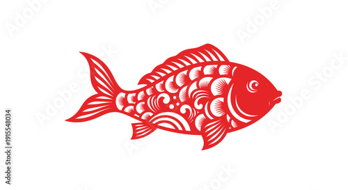Red Chinese Paper Cut Fish Illustration - Traditional Art Symbol